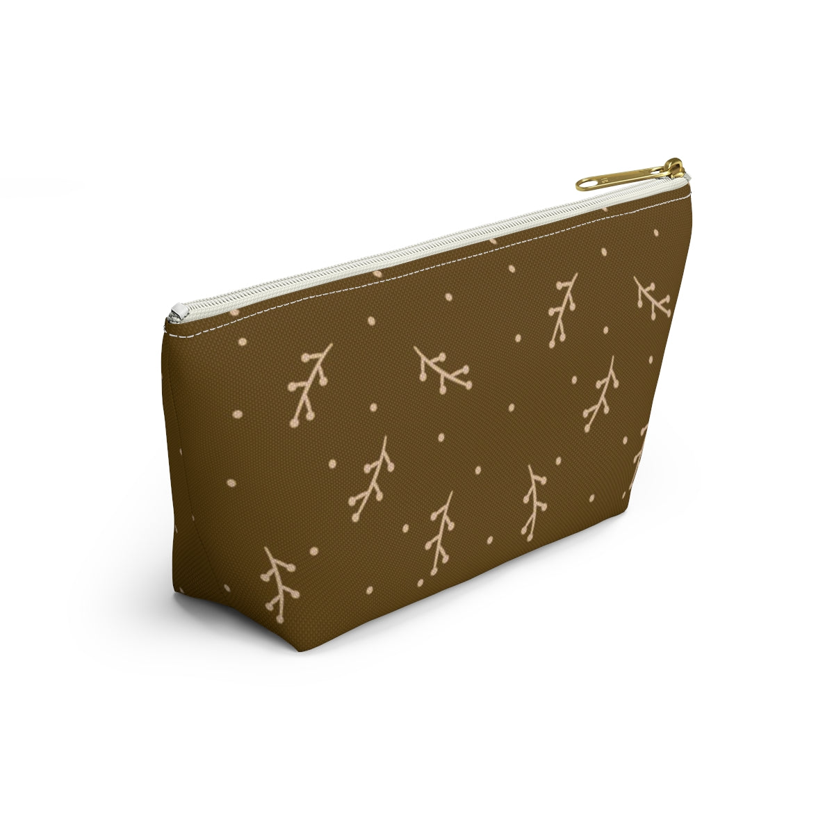Big Bottom Zipper Pouch - Cream Berry Branches on Mustard Background
