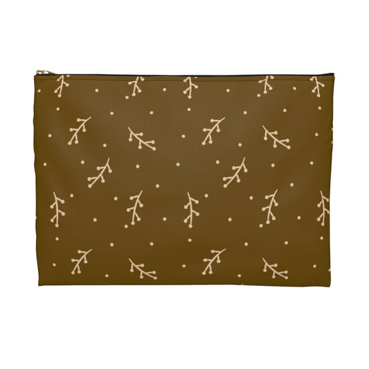 Flat Zipper Pouch - Cream Berry Branches on Mustard Background