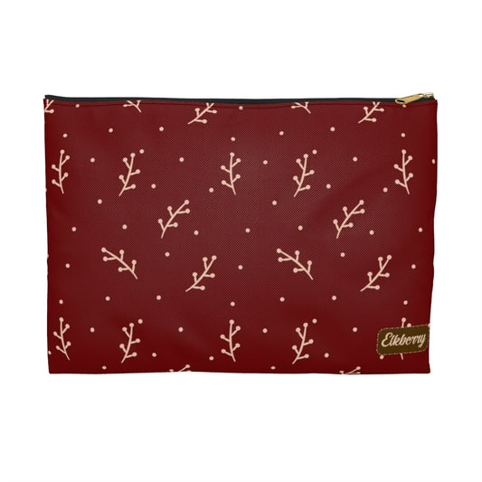 Flat Zipper Pouch - Cream Berry Branches on Berry Background