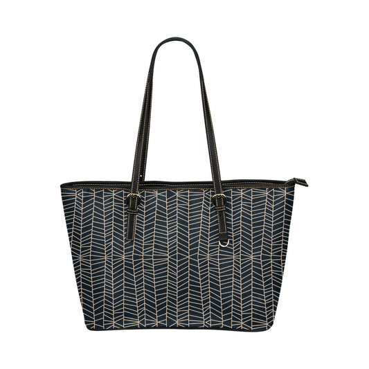 Herringbone - Navy Vegan Leather Zipper Tote Handbag (Large)