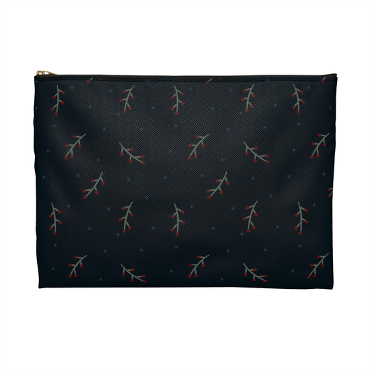 Flat Zipper Pouch - Berry Branches on Navy Background