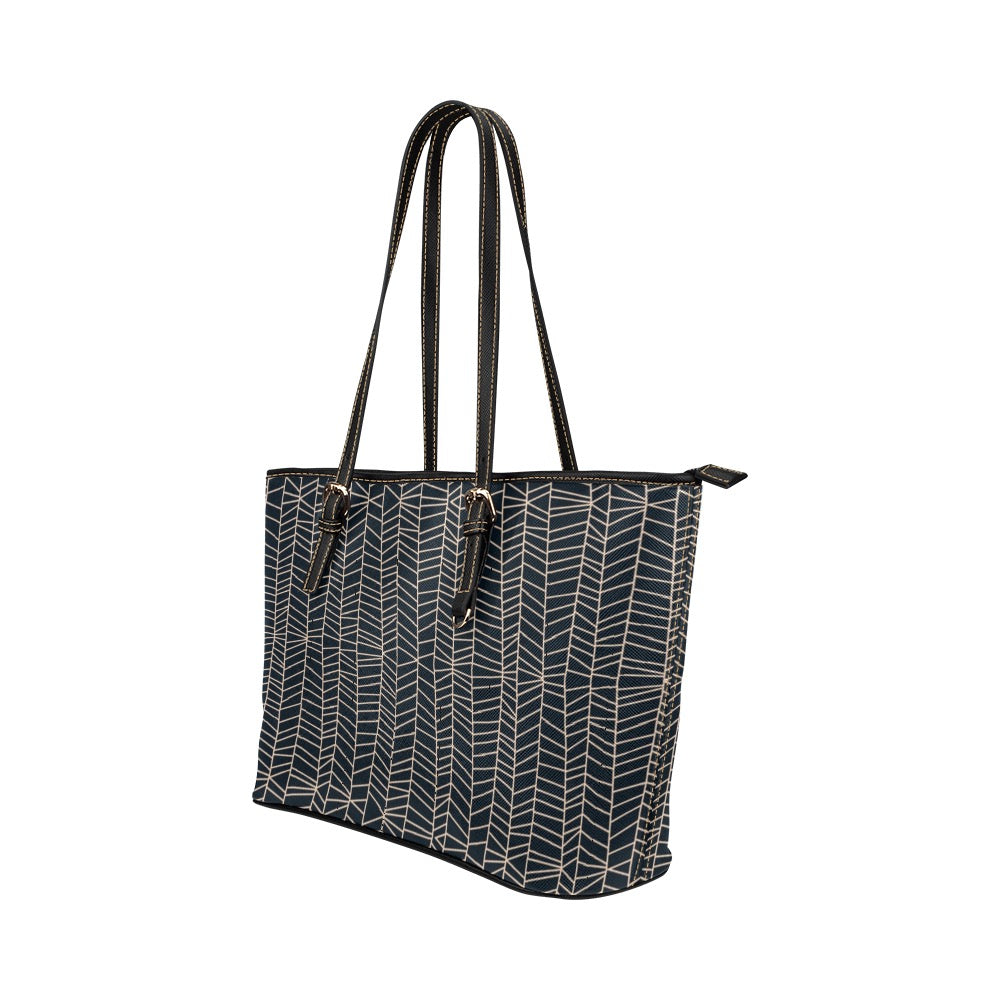 Herringbone - Navy Vegan Leather Zipper Tote Handbag (Small)