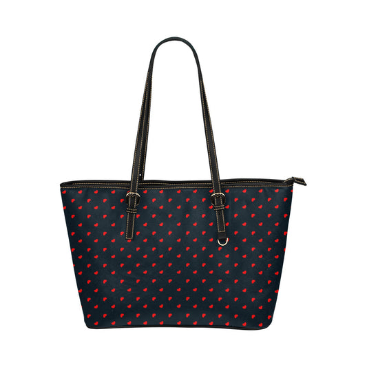 Red Hearts on Navy Vegan Leather Zipper Tote Handbag (Large)