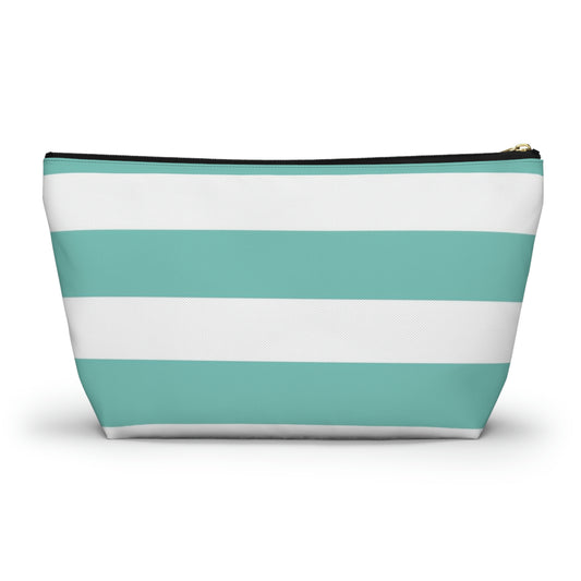 Big Bottom Zipper Pouch - Aqua/White Stripes
