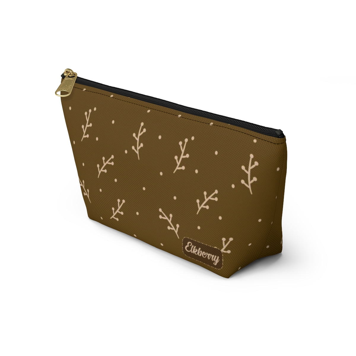 Big Bottom Zipper Pouch - Cream Berry Branches on Mustard Background