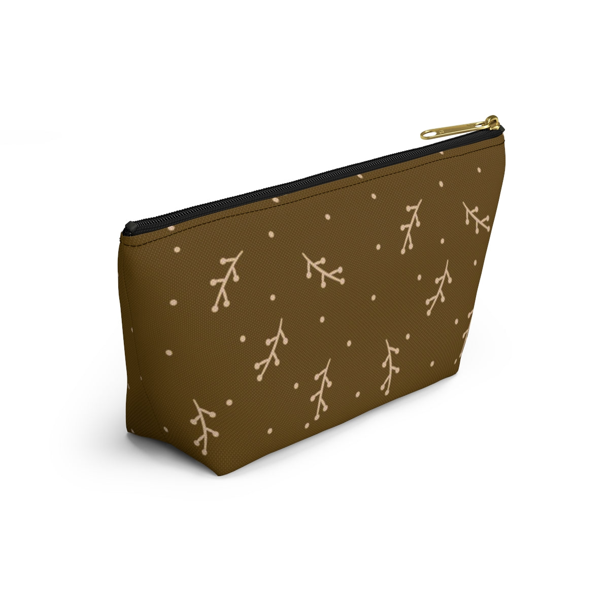 Big Bottom Zipper Pouch - Cream Berry Branches on Mustard Background