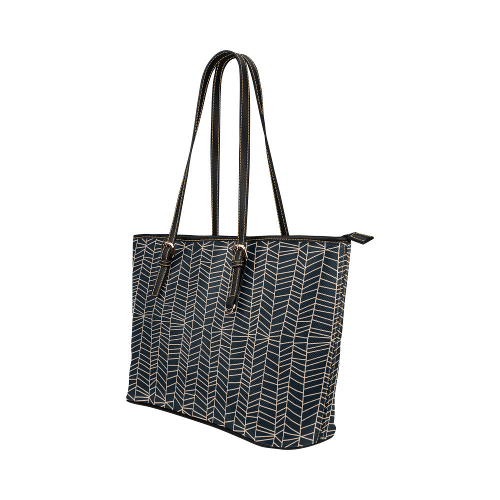 Herringbone - Navy Vegan Leather Zipper Tote Handbag (Large)