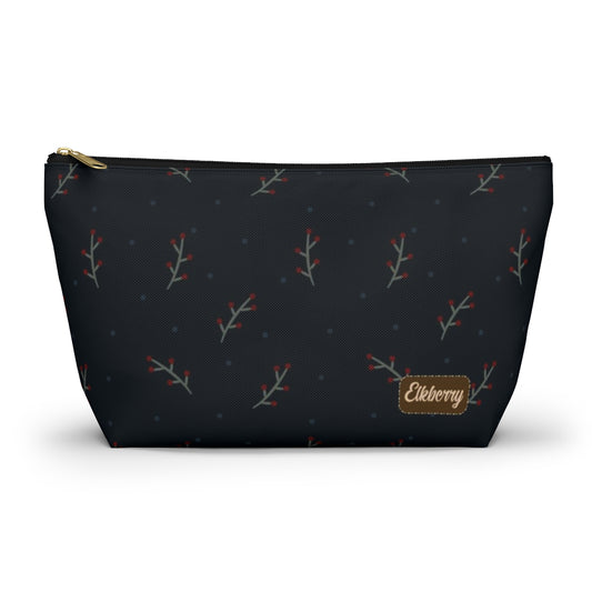 Big Bottom Zipper Pouch - Berry Branches on Navy Background