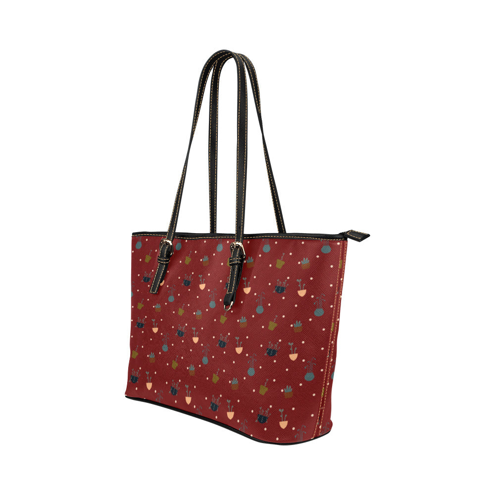 Potted Plants - Red Vegan Leather Zipper Tote Handbag (Large)