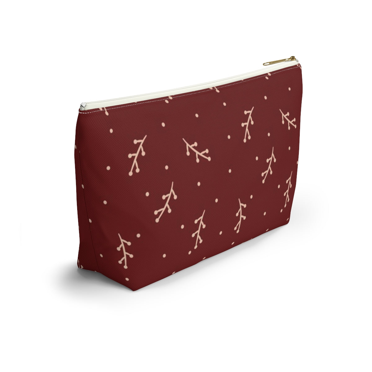 Big Bottom Zipper Pouch - Cream Berry Branches on Berry Background