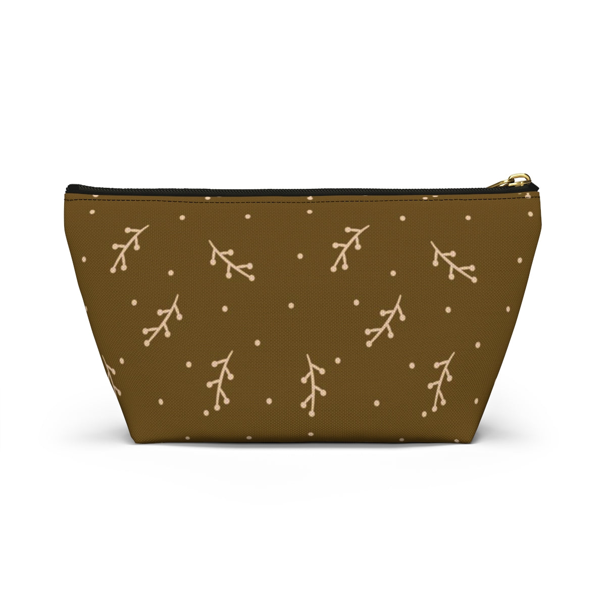 Big Bottom Zipper Pouch - Cream Berry Branches on Mustard Background