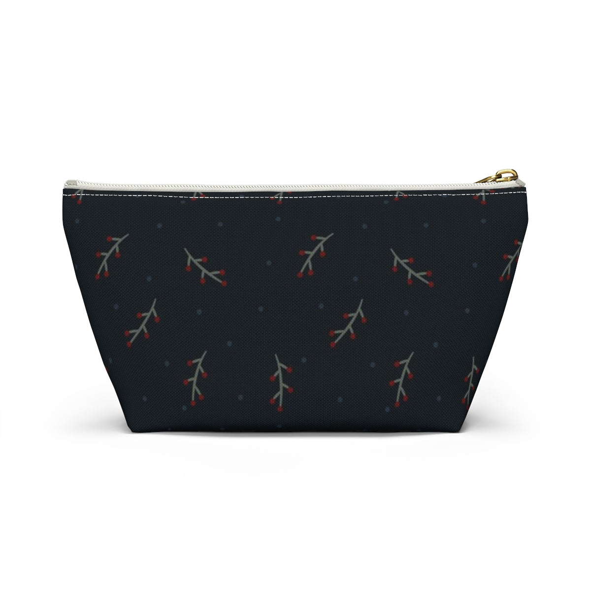 Big Bottom Zipper Pouch - Berry Branches on Navy Background
