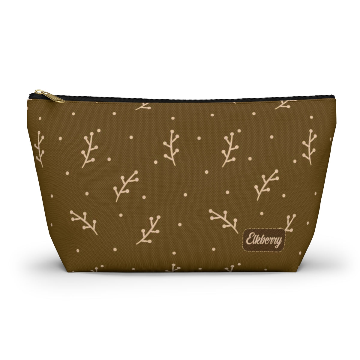 Big Bottom Zipper Pouch - Cream Berry Branches on Mustard Background