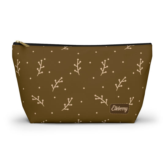 Big Bottom Zipper Pouch - Cream Berry Branches on Mustard Background