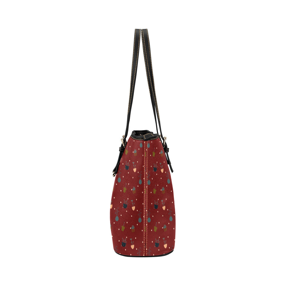 Potted Plants - Red Vegan Leather Zipper Tote Handbag (Large)