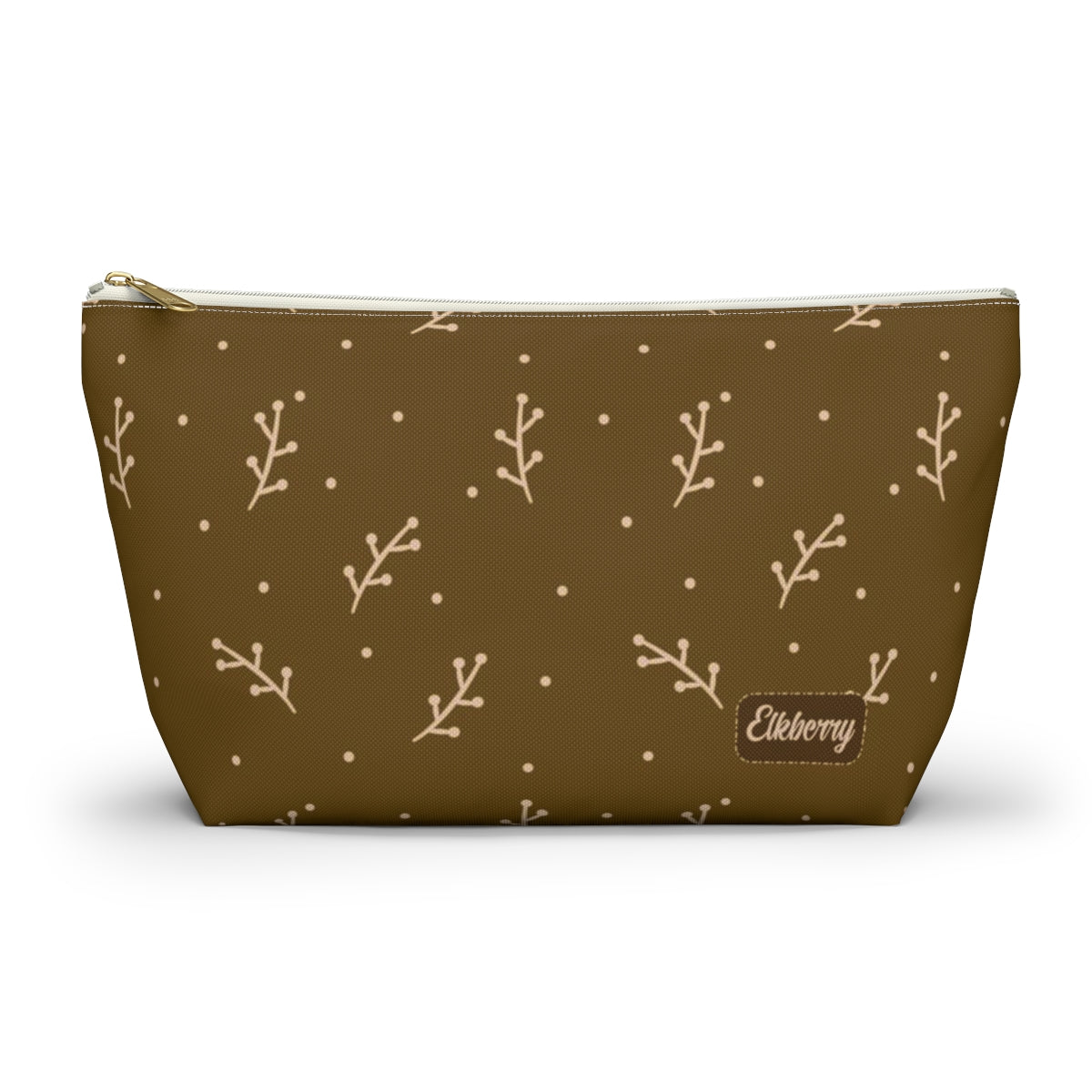 Big Bottom Zipper Pouch - Cream Berry Branches on Mustard Background