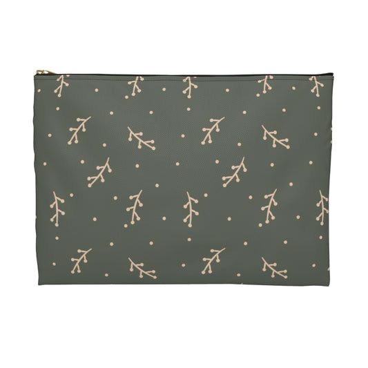 Flat Zipper Pouch - Cream Berry Branches on Olive Background