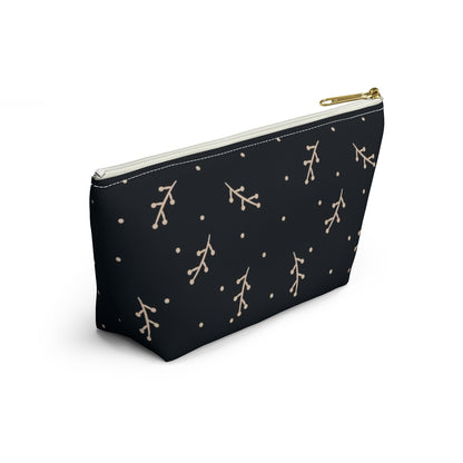 Big Bottom Zipper Pouch - Cream Berry Branches on Navy Background