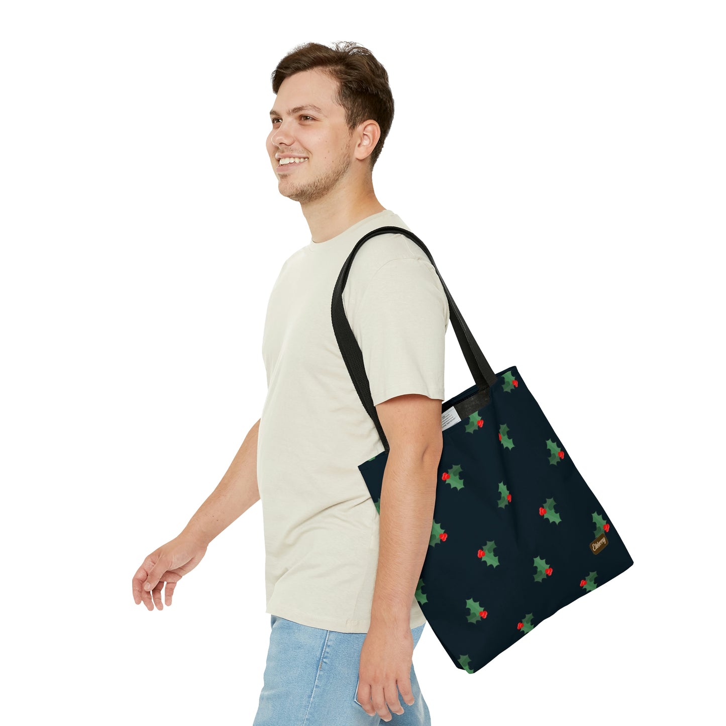 Lightweight Tote Bag - Holly Berries & Leaves on Navy