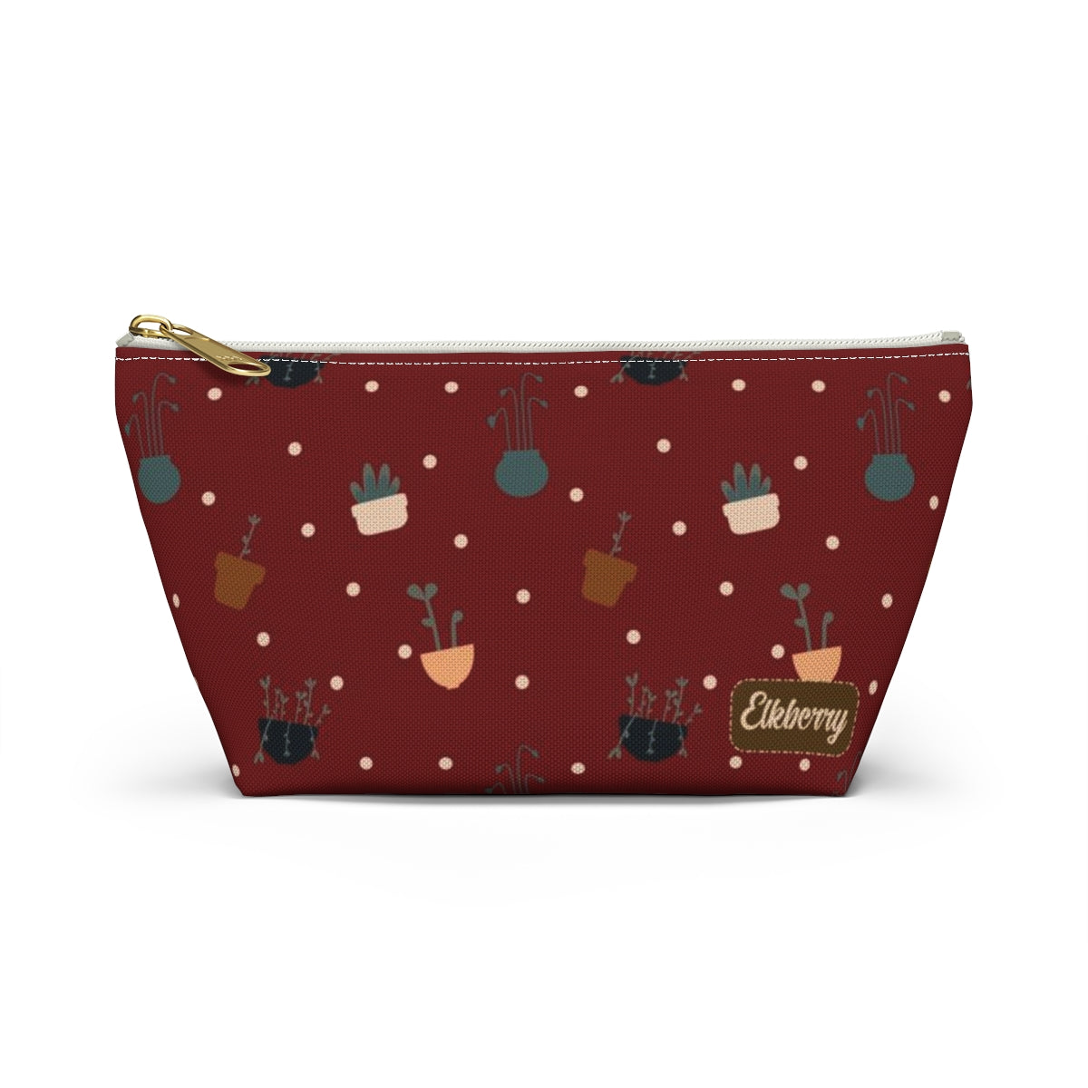 Big Bottom Zipper Pouch - Potted Plants in Red