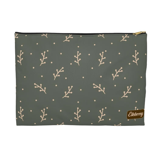 Flat Zipper Pouch - Cream Berry Branches on Olive Background