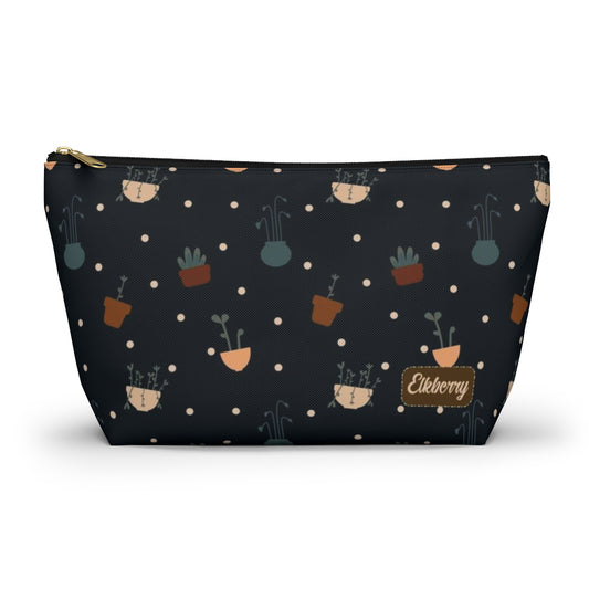 Big Bottom Zipper Pouch - Potted Plants in Navy