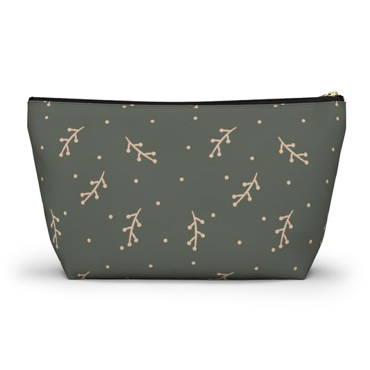 Big Bottom Zipper Pouch - Cream Berry Branches on Olive Background