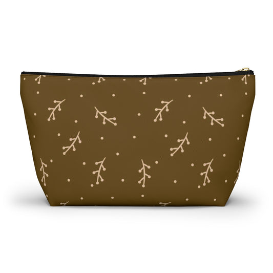Big Bottom Zipper Pouch - Cream Berry Branches on Mustard Background