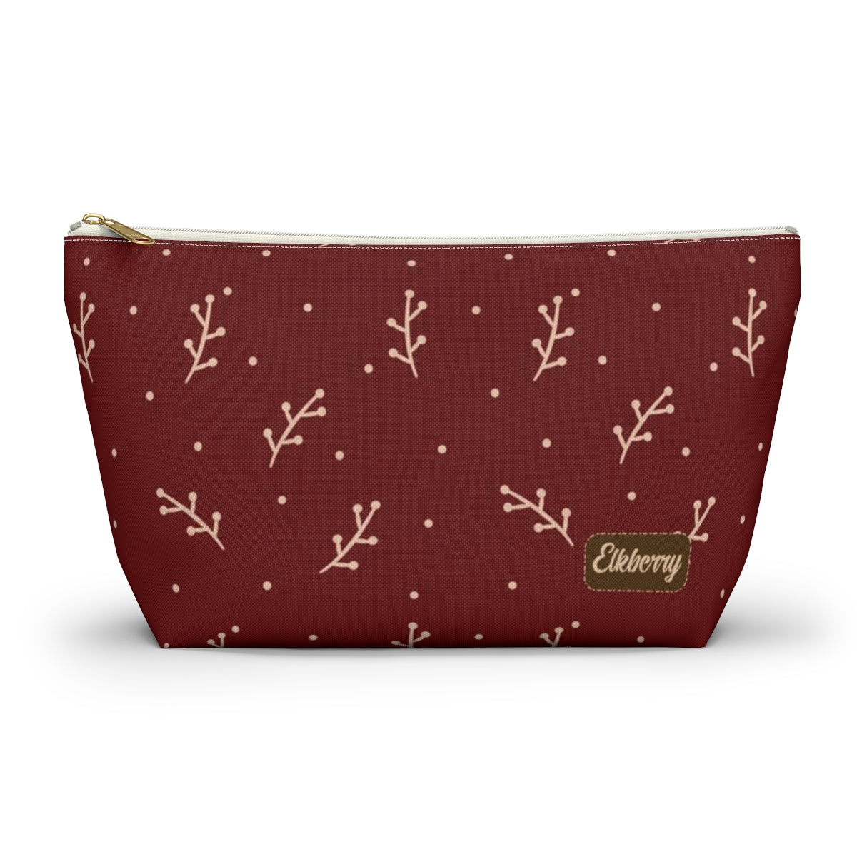 Big Bottom Zipper Pouch - Cream Berry Branches on Berry Background