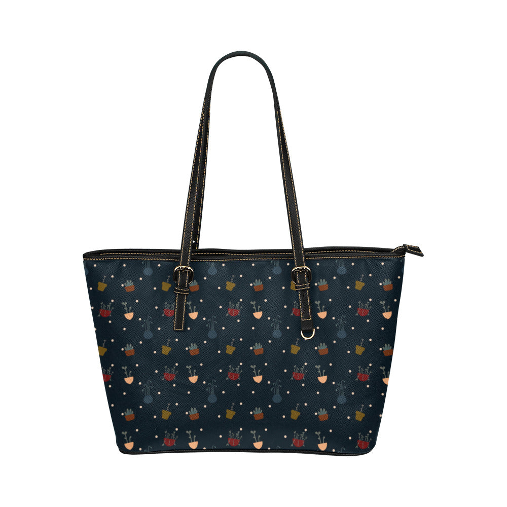 Potted Plants - Navy Vegan Leather Zipper Tote Handbag (Large)