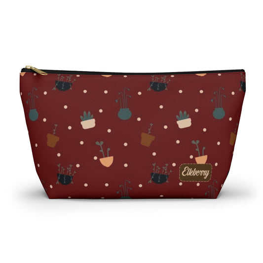 Big Bottom Zipper Pouch - Potted Plants in Red