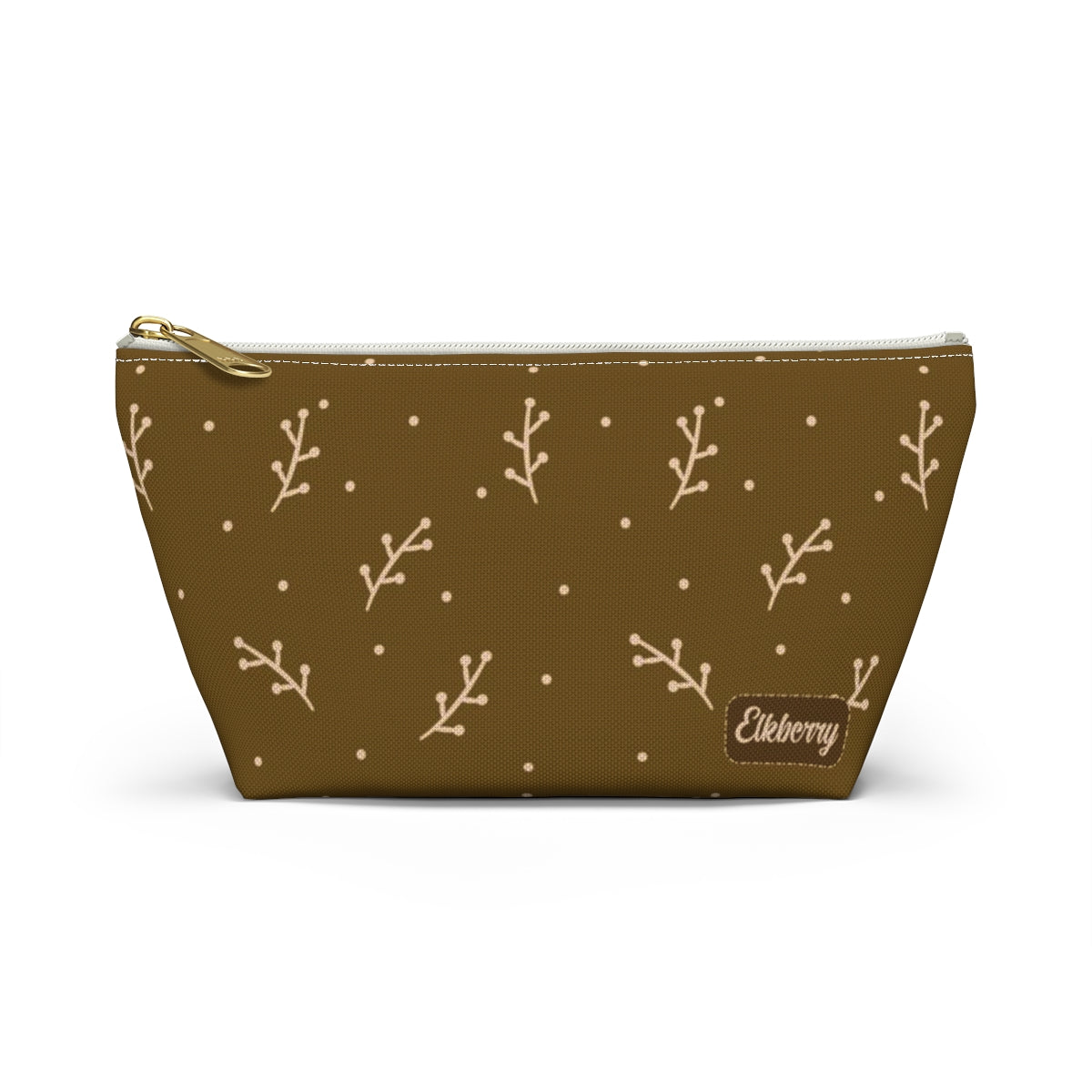 Big Bottom Zipper Pouch - Cream Berry Branches on Mustard Background
