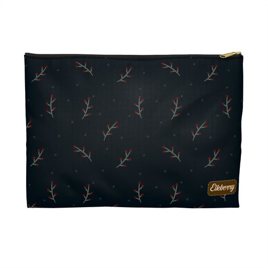 Flat Zipper Pouch - Berry Branches on Navy Background