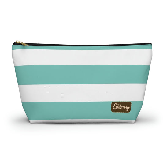 Big Bottom Zipper Pouch - Aqua/White Stripes