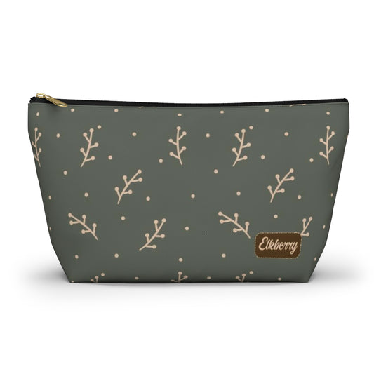 Big Bottom Zipper Pouch - Cream Berry Branches on Olive Background
