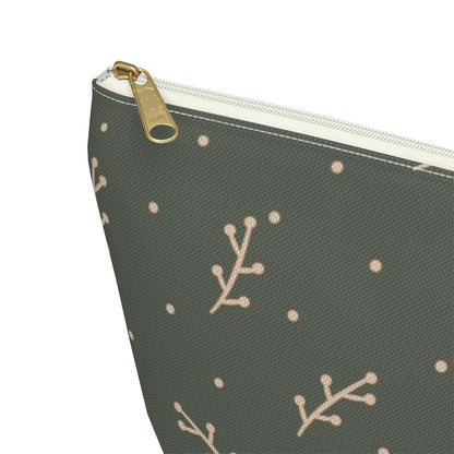 Big Bottom Zipper Pouch - Cream Berry Branches on Olive Background