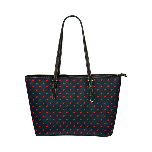 Red Hearts on Navy Vegan Leather Zipper Tote Handbag (Small)