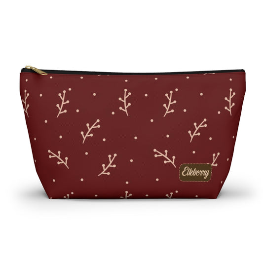 Big Bottom Zipper Pouch - Cream Berry Branches on Berry Background