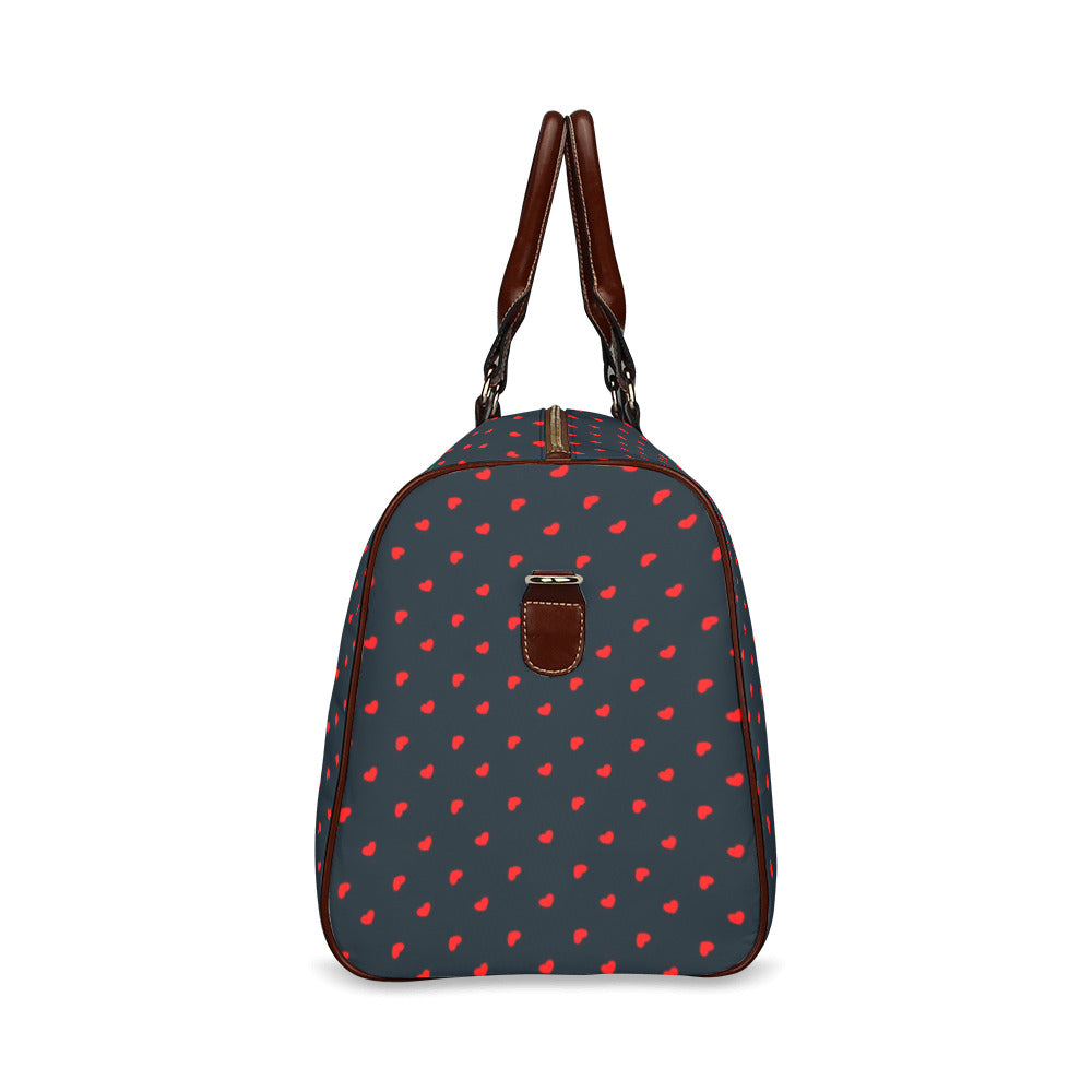 Red Hearts on Navy Waterproof Travel Bag (Small)