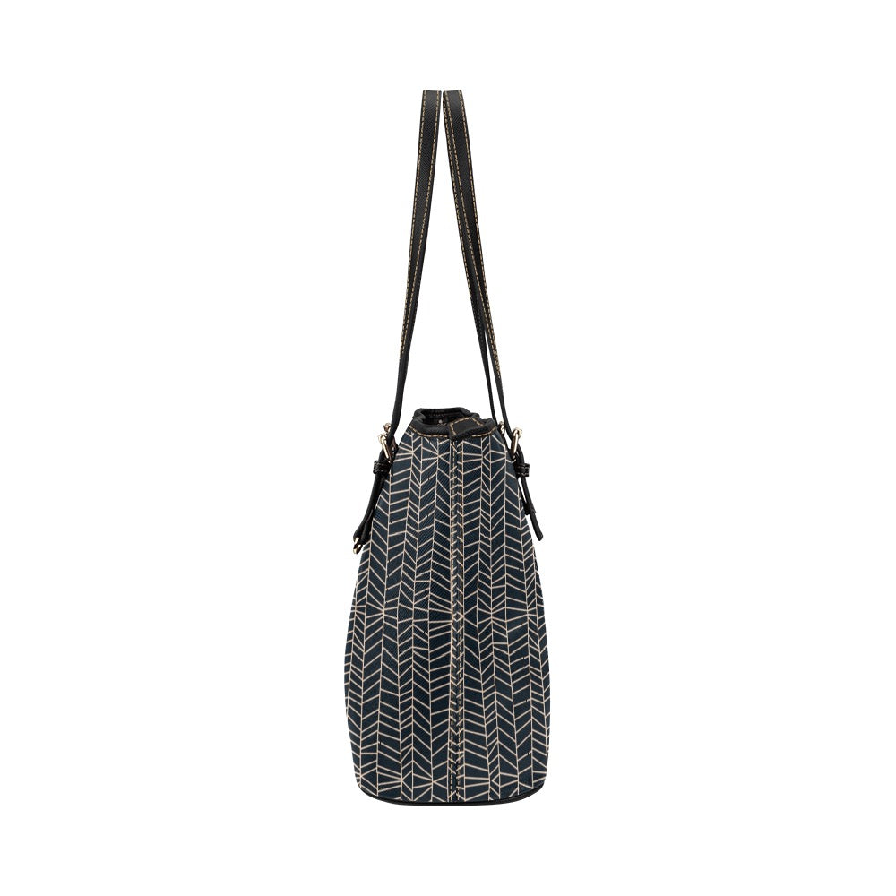 Herringbone - Navy Vegan Leather Zipper Tote Handbag (Small)