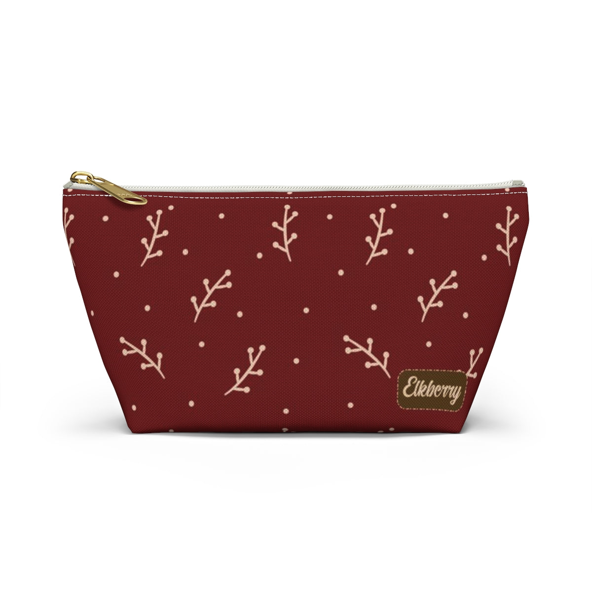 Big Bottom Zipper Pouch - Cream Berry Branches on Berry Background