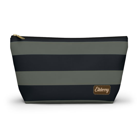 Big Bottom Zipper Pouch - Sage/Navy Stripes