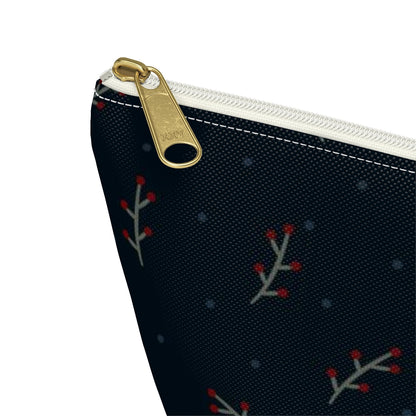 Big Bottom Zipper Pouch - Berry Branches on Navy Background
