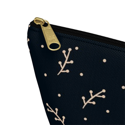 Big Bottom Zipper Pouch - Cream Berry Branches on Navy Background