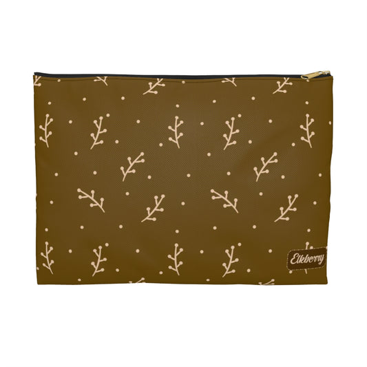 Flat Zipper Pouch - Cream Berry Branches on Mustard Background