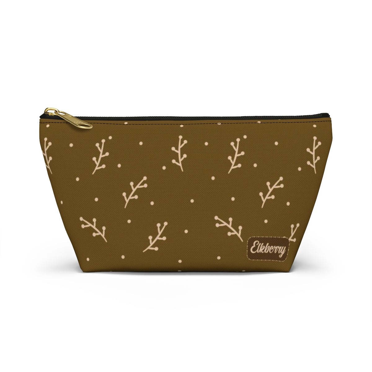 Big Bottom Zipper Pouch - Cream Berry Branches on Mustard Background