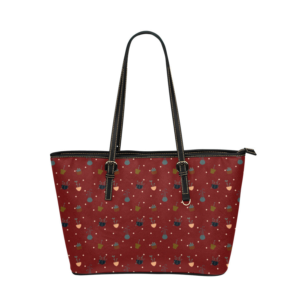Potted Plants - Red Vegan Leather Zipper Tote Handbag (Large)