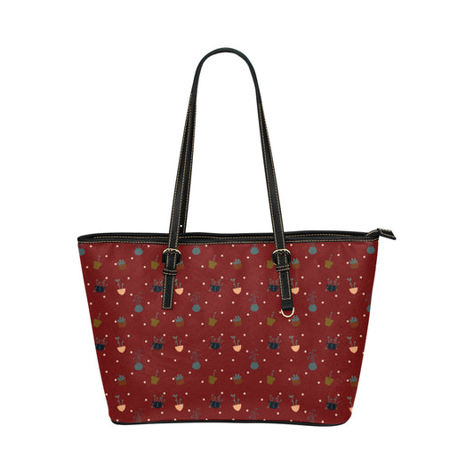 Potted Plants - Red Vegan Leather Zipper Tote Handbag (Large)