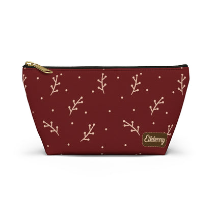 Big Bottom Zipper Pouch - Cream Berry Branches on Berry Background