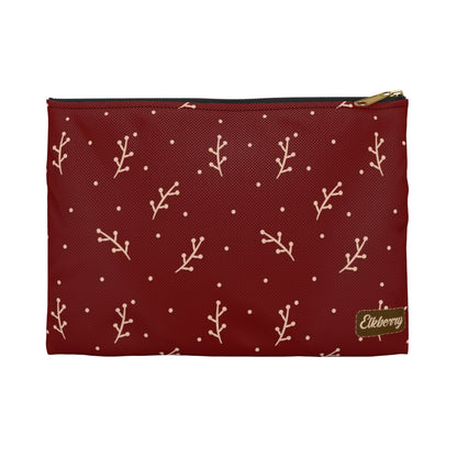 Flat Zipper Pouch - Cream Berry Branches on Berry Background